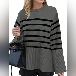 ZESICA Striped Long Sleeve Crew Neck Ribbed Knit Side Split Oversized Jumper (D1